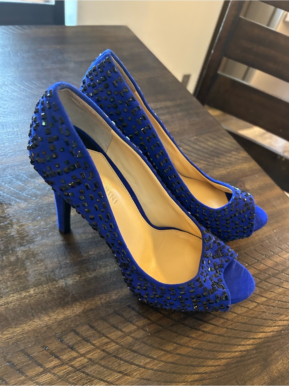 Gianni Bini Cobalt Blue Peep-Toe Embellished Stiletto Heels - Picture 4 of 6